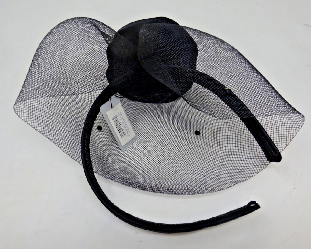 Black Hair Fascinator on Plastic Aliceband Headband Fabric Flower & Spotted Net