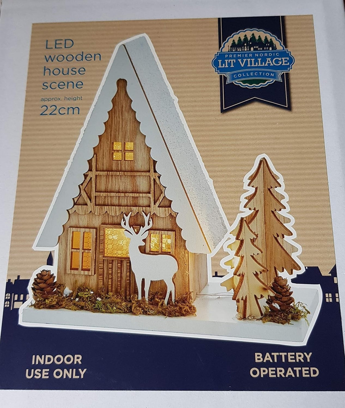 LED Light Up Wooden House Scene 22cm Nordic Christmas Village Reindeer & Tree