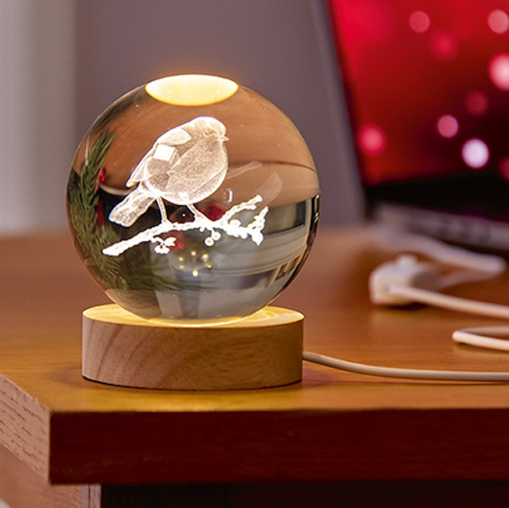 Christmas Festive Robin on a Branch 3D Etched LED Light up Globe 10cm Wood Base