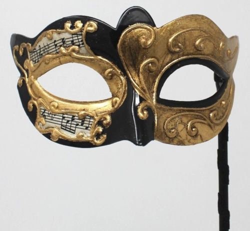 Gold and Black Musical Masquerade Mask for Masked Ball on Stick with Musical Script Notes