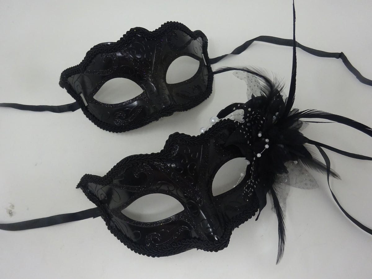 Black Gloss His n Hers Couples Masquerade Masks with Flower Beaded Stamens Organza