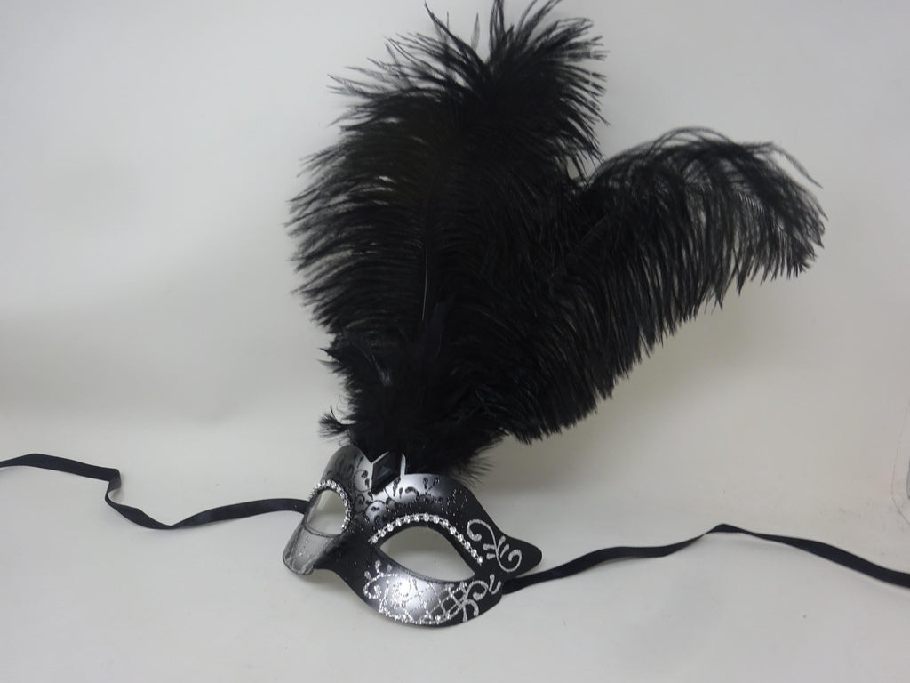 Stunning Black and Silver Assorted Ostrich Feather Masquerade Party Ball Prom Eye Mask with Diamontes