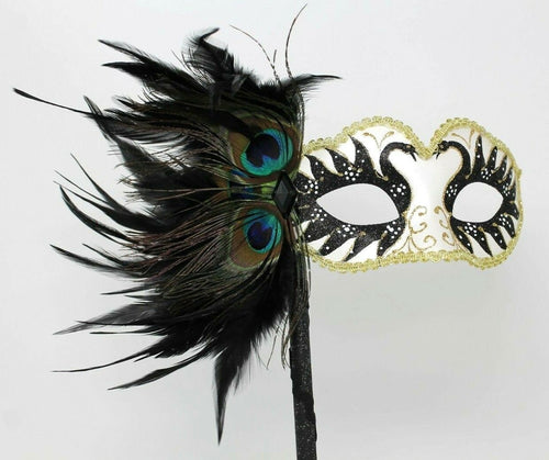Black and Gold Swan Lake Masquerade Mask on a Stick with Peacock Feather Detail