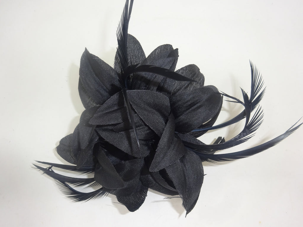 Hair Fascinator Corsage and Brooch Black with Fabric Petals and Slim Feathers Clip & Pin Fastening