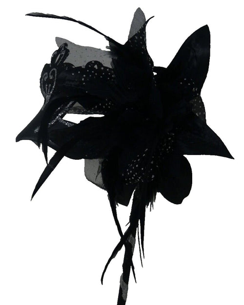 Black and Silver Rialto Masquerade Mask with Flower for Masked Ball Carnival Party Halloween Hand Held on a Wooden Stick