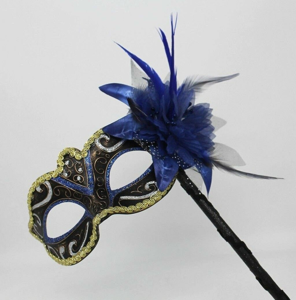 Stunning Blue, Black, Bronze Silver and Gold Masquerade Mask on a Black Stick with Flower