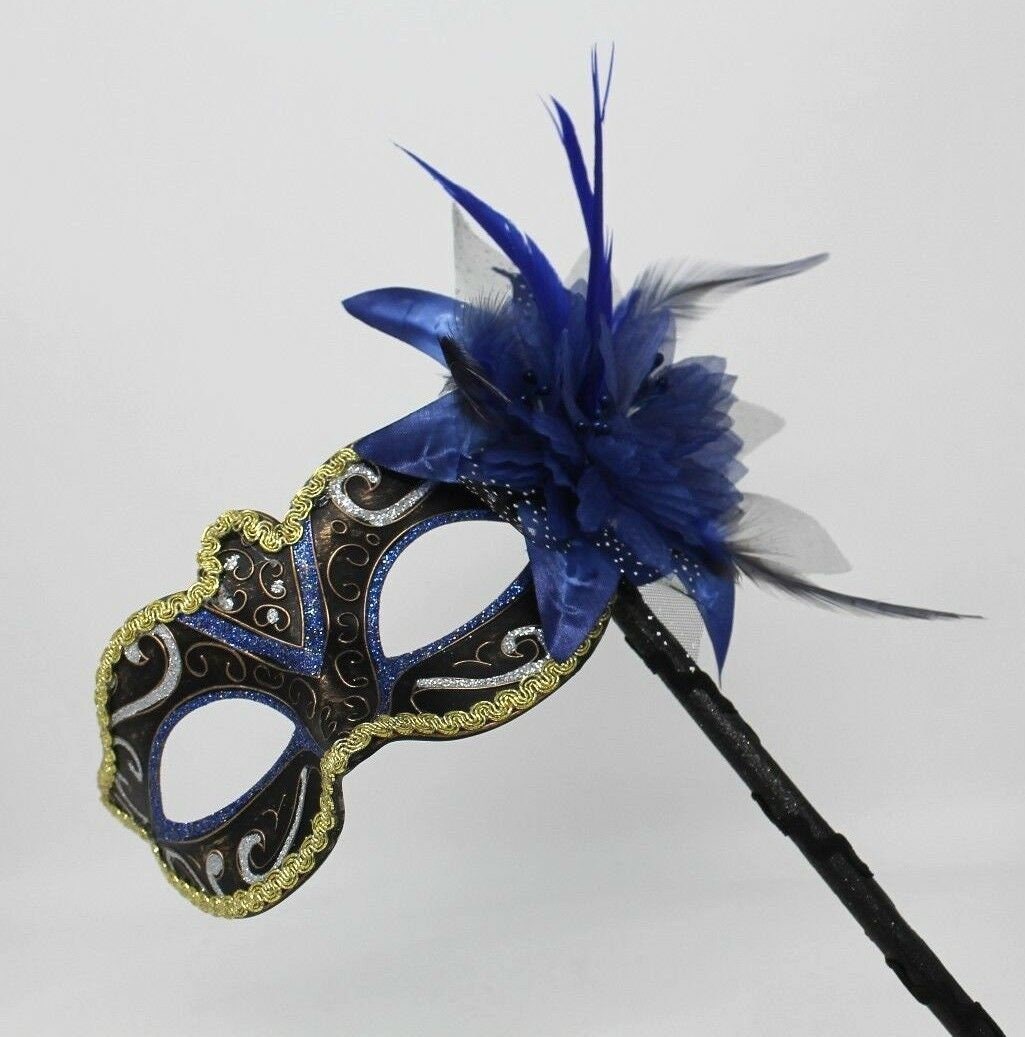 Stunning Blue, Black, Bronze Silver and Gold Masquerade Mask on a Black Stick with Flower