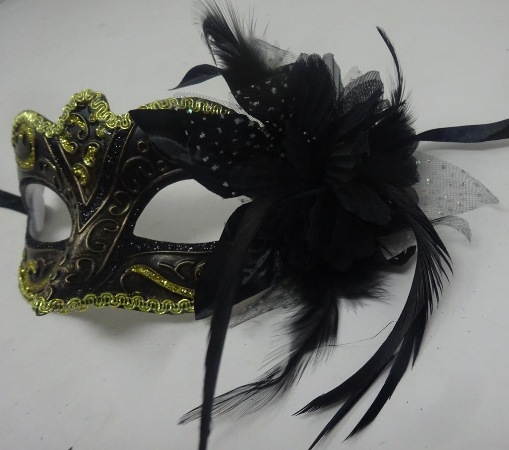 Black, Bronze and Gold Venetian Masquerade Party Ball Prom Eye Mask with Flower