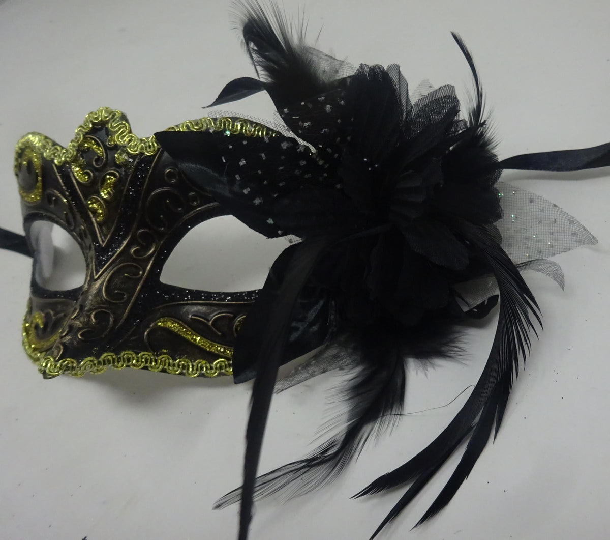 Black, Bronze and Gold Venetian Masquerade Party Ball Prom Eye Mask with Flower
