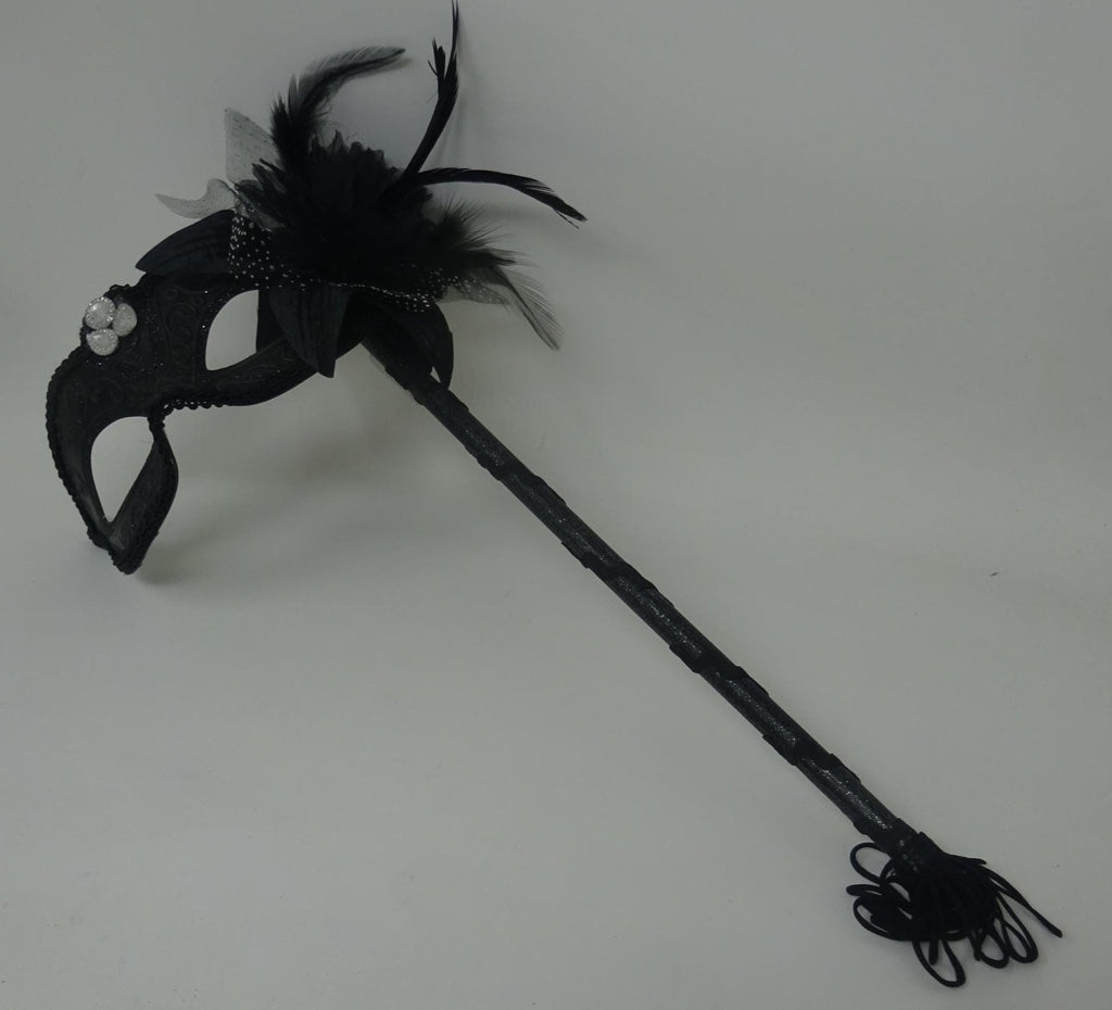Stunning Black Jewelled Masquerade Mask on a Black Stick with a Flower and Feathers