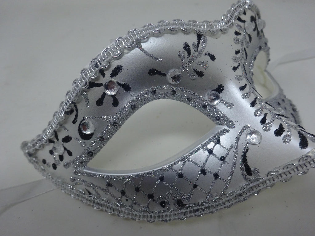 Black and Pearlised Silver Venetian Masquerade Party Ball Prom Eye Mask Adorned with Clear Jewels
