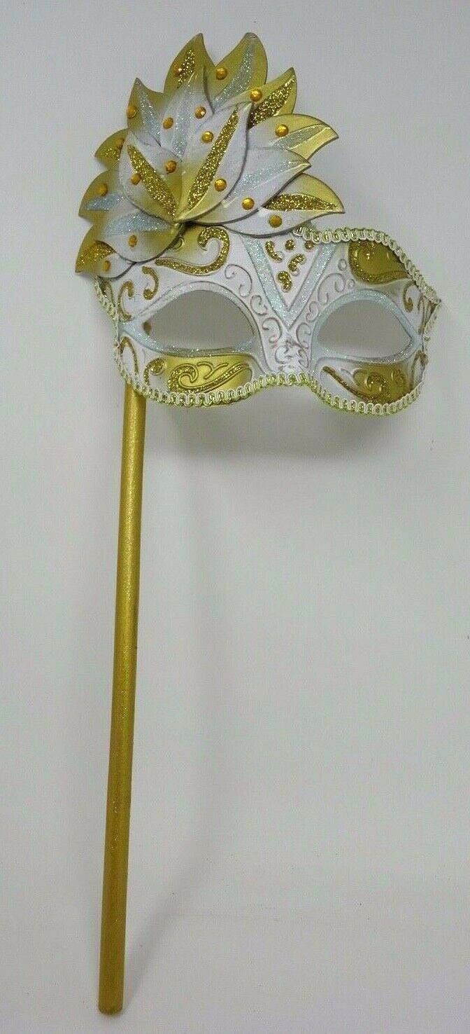Ladies White and Gold Sparkling Masquerade Mask with Diamonte Detail Hand Held on a Wooden Stick