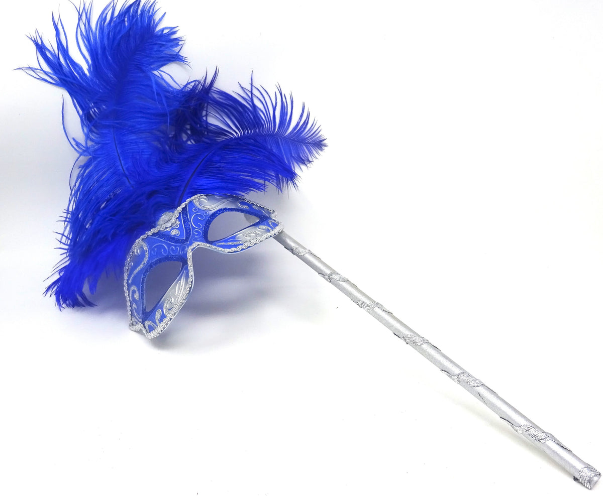 Blue and Silver Tall Feather Masquerade Party Carnival Ball Mask an a Hand Held Wooden Stick