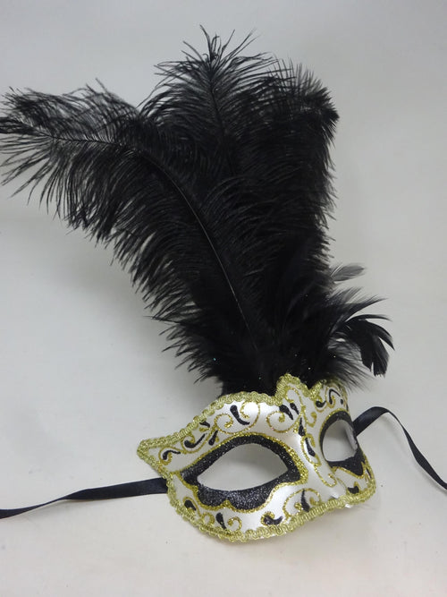Black Ivory and Gold Venetian Masquerade Ball Carnival Party Prom Mask with Long Feathers
