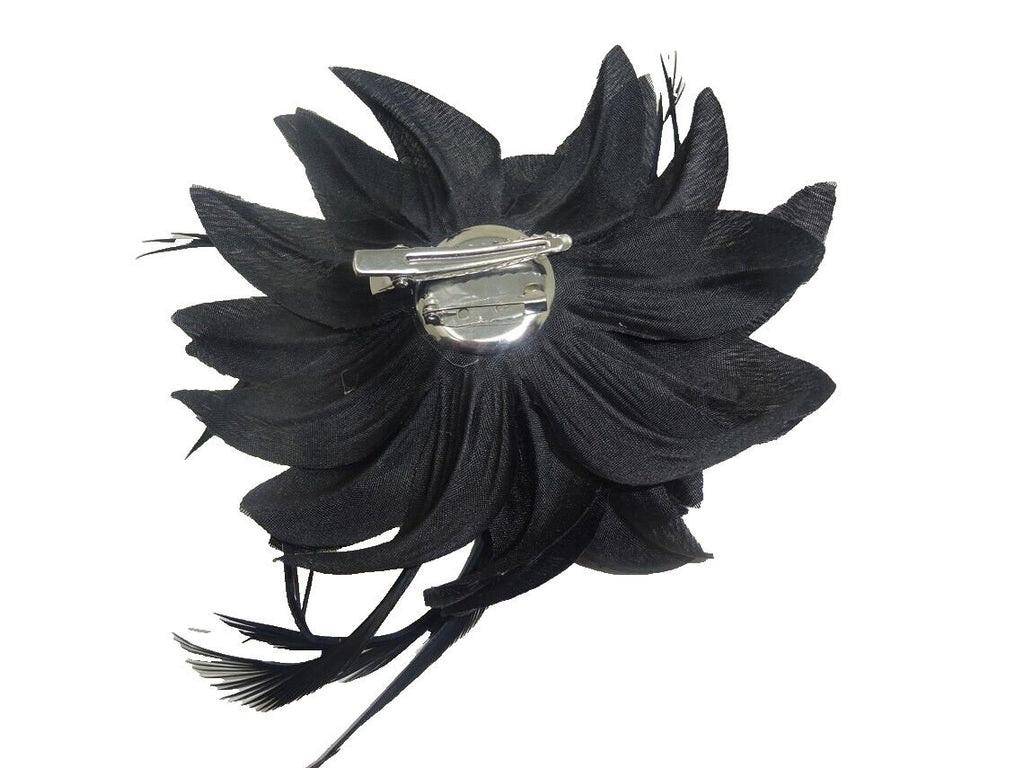 Hair Fascinator Corsage and Brooch Black with Fabric Petals and Slim Feathers Clip & Pin Fastening