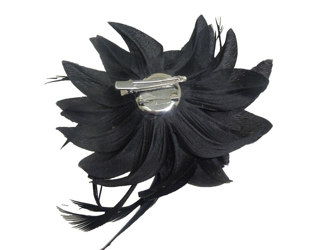 Hair Fascinator Corsage and Brooch Black with Fabric Petals and Slim Feathers Clip & Pin Fastening