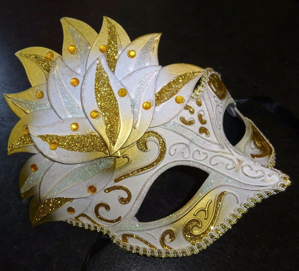 Ladies White and Gold Sparkling Masquerade Mask with Diamonte Detail