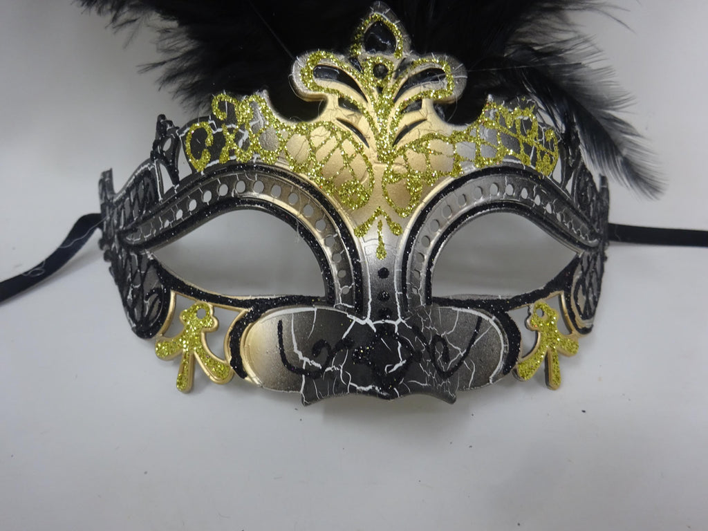 Black and Gold Rialto Venetian Masquerade Ball Carnival Party Prom Mask with Long Feathers