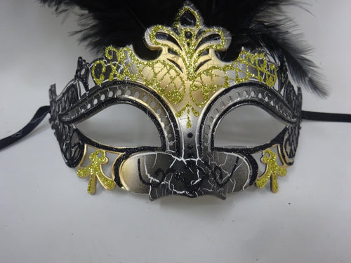 Black and Gold Rialto Venetian Masquerade Ball Carnival Party Prom Mask with Long Feathers