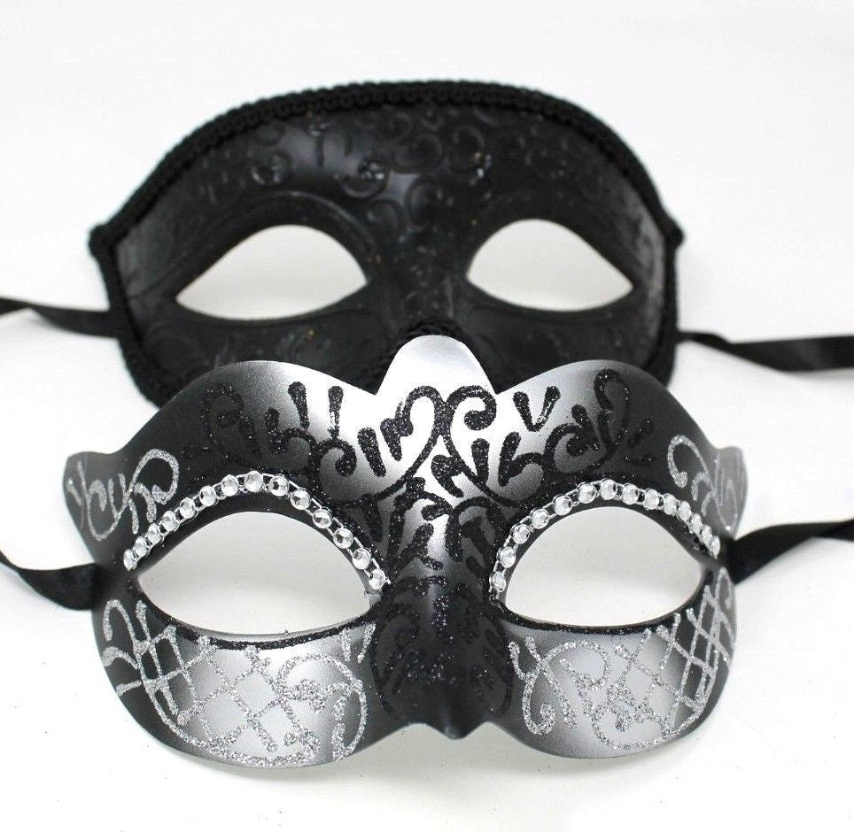 Black and Silver Diamonte Pair of Male and Female Couples Masquerade Masks