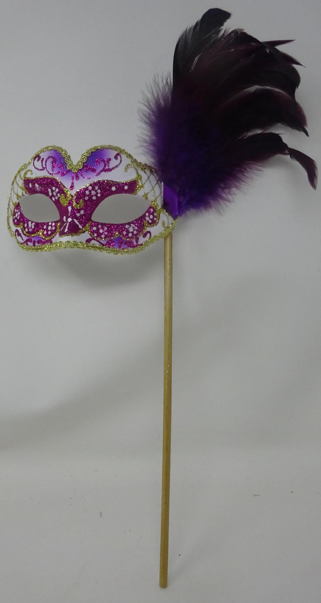 Stunning Purple and Gold Masquerade Mask on a Gold Stick with Feather Detail