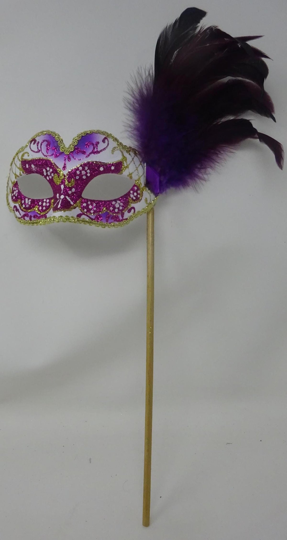 Stunning Purple and Gold Masquerade Mask on a Gold Stick with Feather Detail