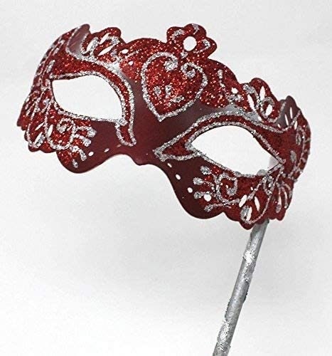 Red and Silver Rialto Venetian Masquerade Ball Party Prom Carnival Mask Hand Held on a Stick