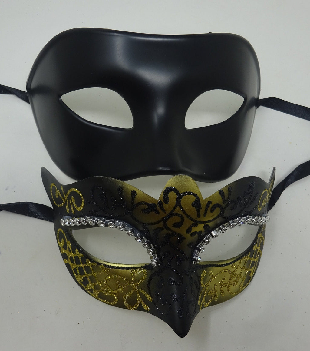 His and Hers Black and Gold Pair of Male and Female Couples Masquerade Masks