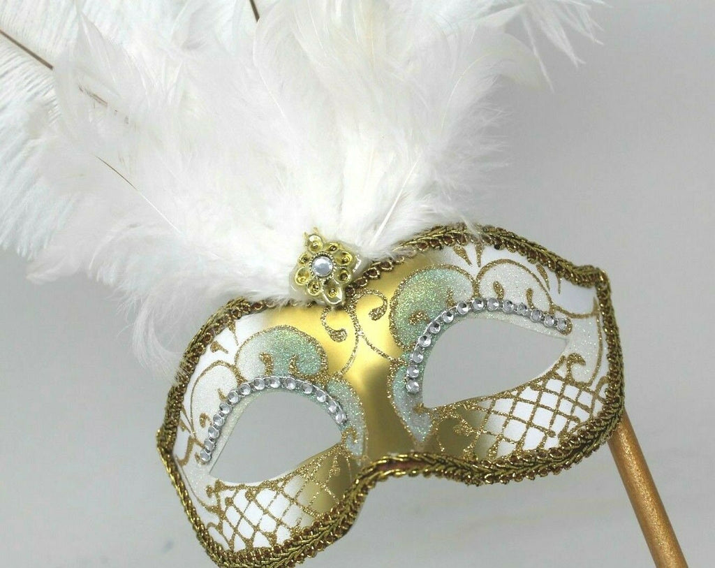 White and Gold Feather Masquerade Mask on a Gold Stick with Diamontes