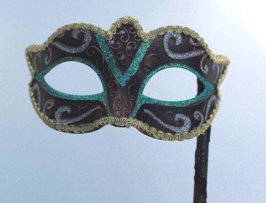 Green Black Bronze Silver and Gold Venetian Masquerade Carnival Party Eye Mask on a Black Stick