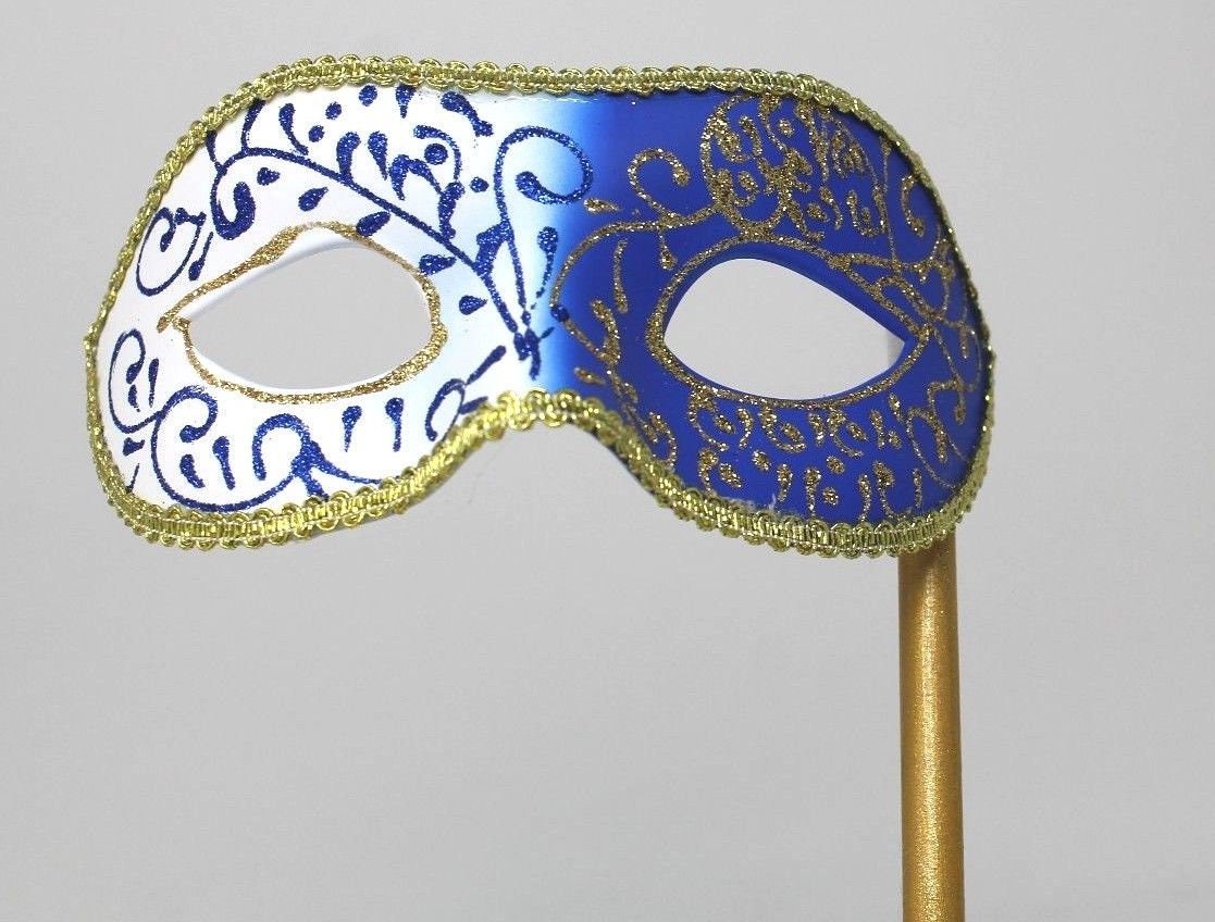 Stunning Blue and Gold Masquerade Mask on a Gold Stick