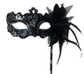 Black and Silver Rialto Masquerade Mask with Flower for Masked Ball Carnival Party Halloween Hand Held on a Wooden Stick