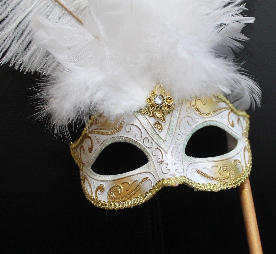 White and Gold Feather Masquerade Mask on a Gold Stick