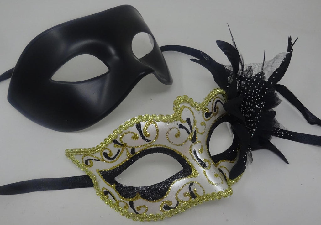 Quality Black and Gold Swirl Pair of Couples His and Hers Masquerade Masks