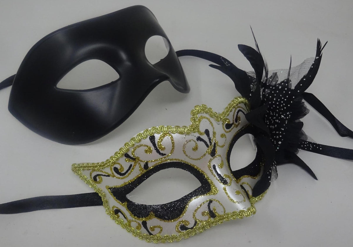 Quality Black and Gold Swirl Pair of Couples His and Hers Masquerade Masks