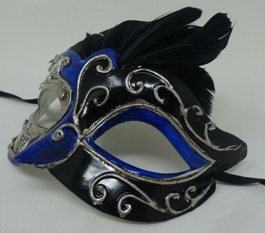 Blue Silver and Black Musical Feather Masquerade Mask for Masked Ball with Musical Notes Script