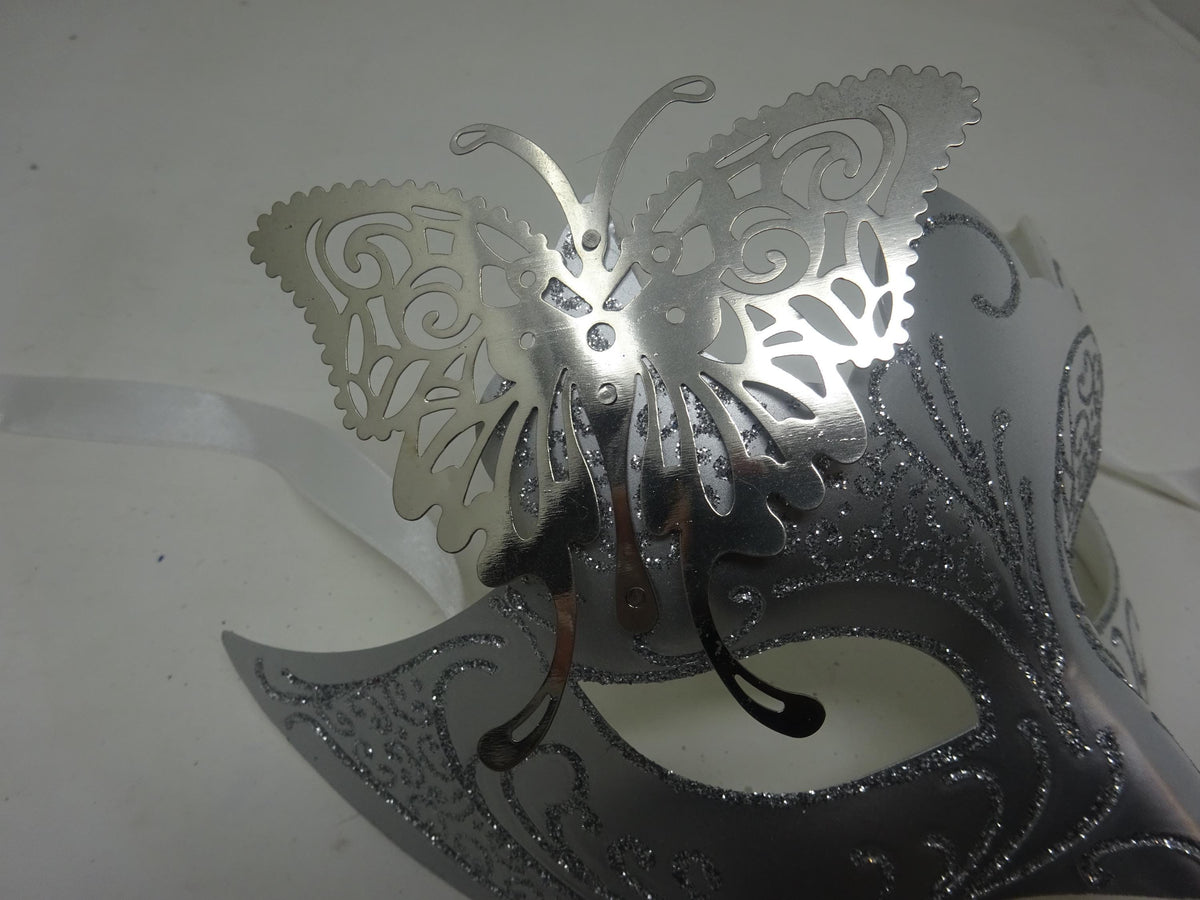 White & Silver Venetian Masquerade Party Prom Ball Carnival Mask with Silver Metal Butterfly