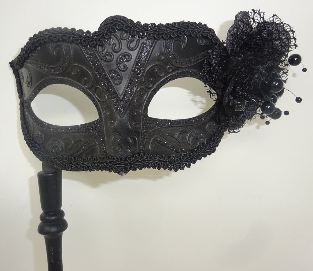 Black Masquerade Mask with Flower for Masked Ball Carnival Party Halloween Hand Held on an Elaborate Stick