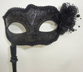 Black Masquerade Mask with Flower for Masked Ball Carnival Party Halloween Hand Held on an Elaborate Stick