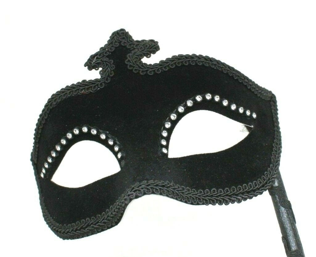 Velour Diamonte Black Masquerade Hand Held Mask on a Stick
