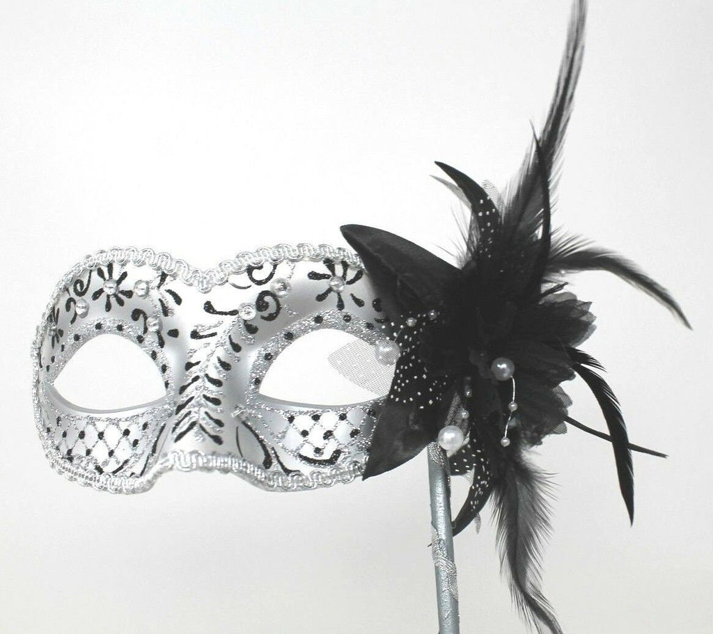 Stunning Black and Silver Venetian Masquerade Prom Ball Party Eye Mask with a Flower on a Silver Stick with Clear Jewels