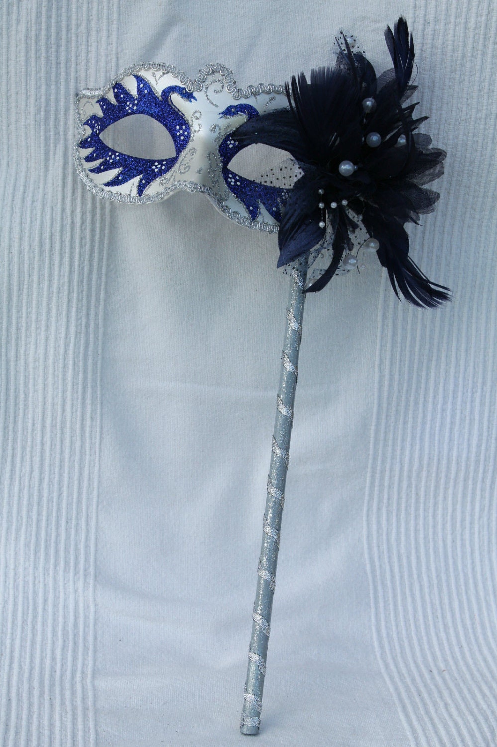Blue and White Swan Lake Mask on Stick with Pearlised Flower