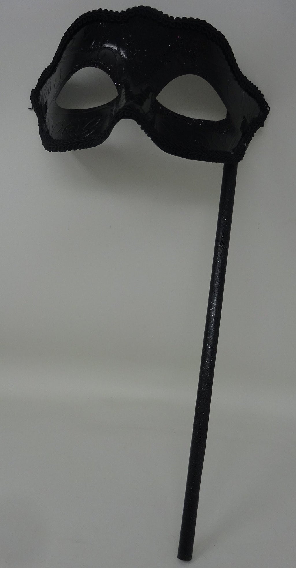 Stunning High Gloss Black Masquerade Mask on a Black Stick