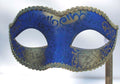 Stunning Blue and Gold Masquerade Ball Prom Eye Mask Hand Held on a Gold Stick