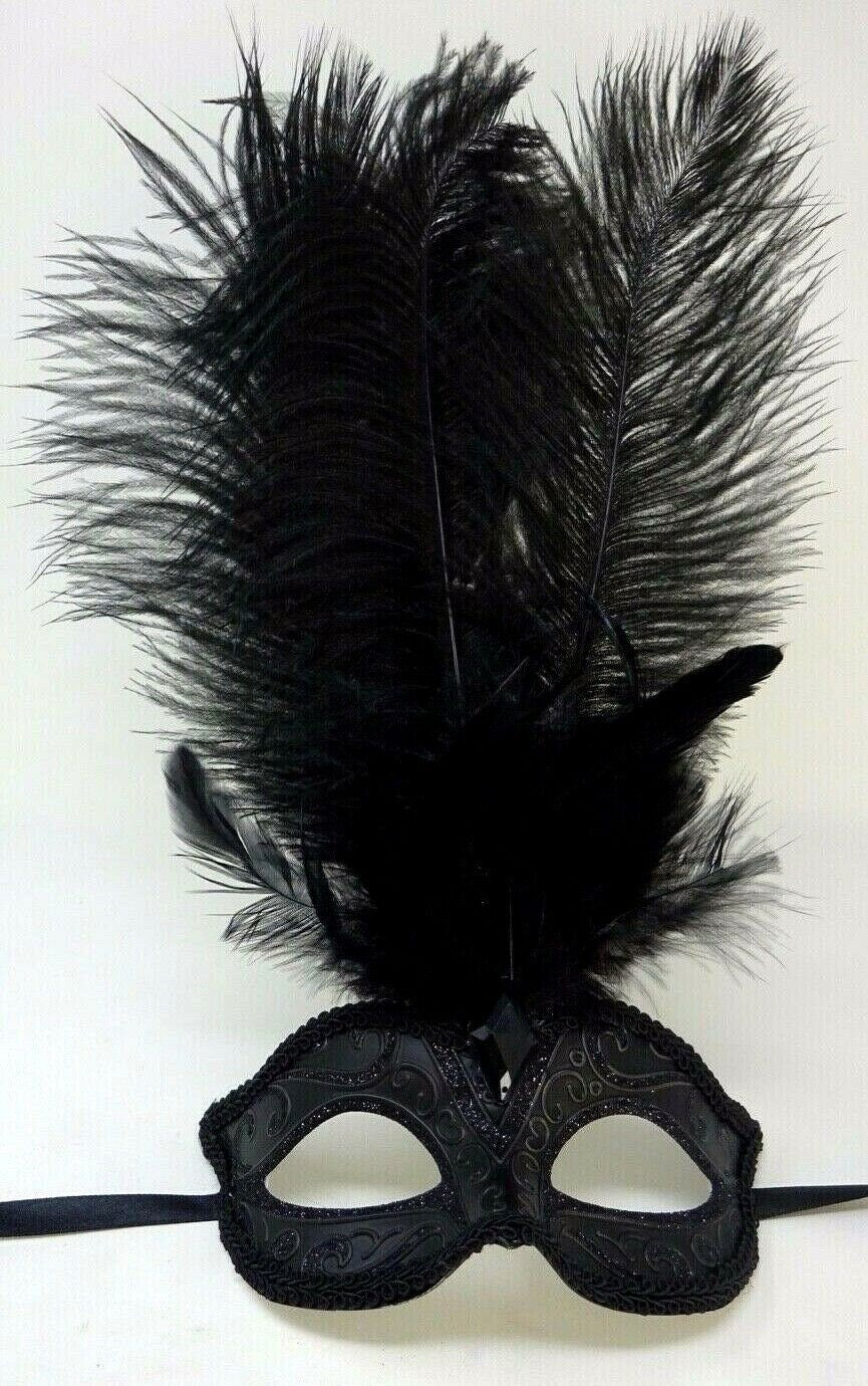 Ladies Black Masquerade Mask with Long Feathers and Centre Jewel