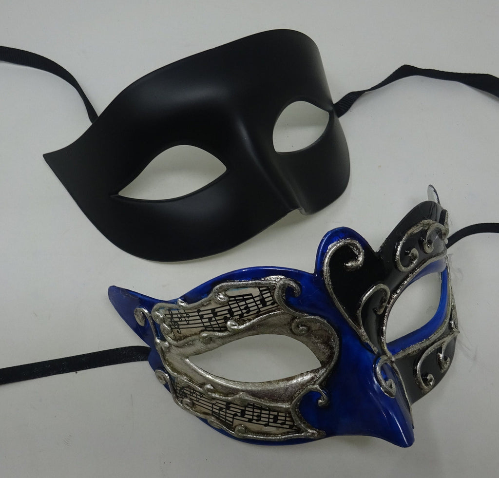 Musical Script Black Silver and Blue His and Hers Couples Pair of Masquerade Party Ball Carnival Masks