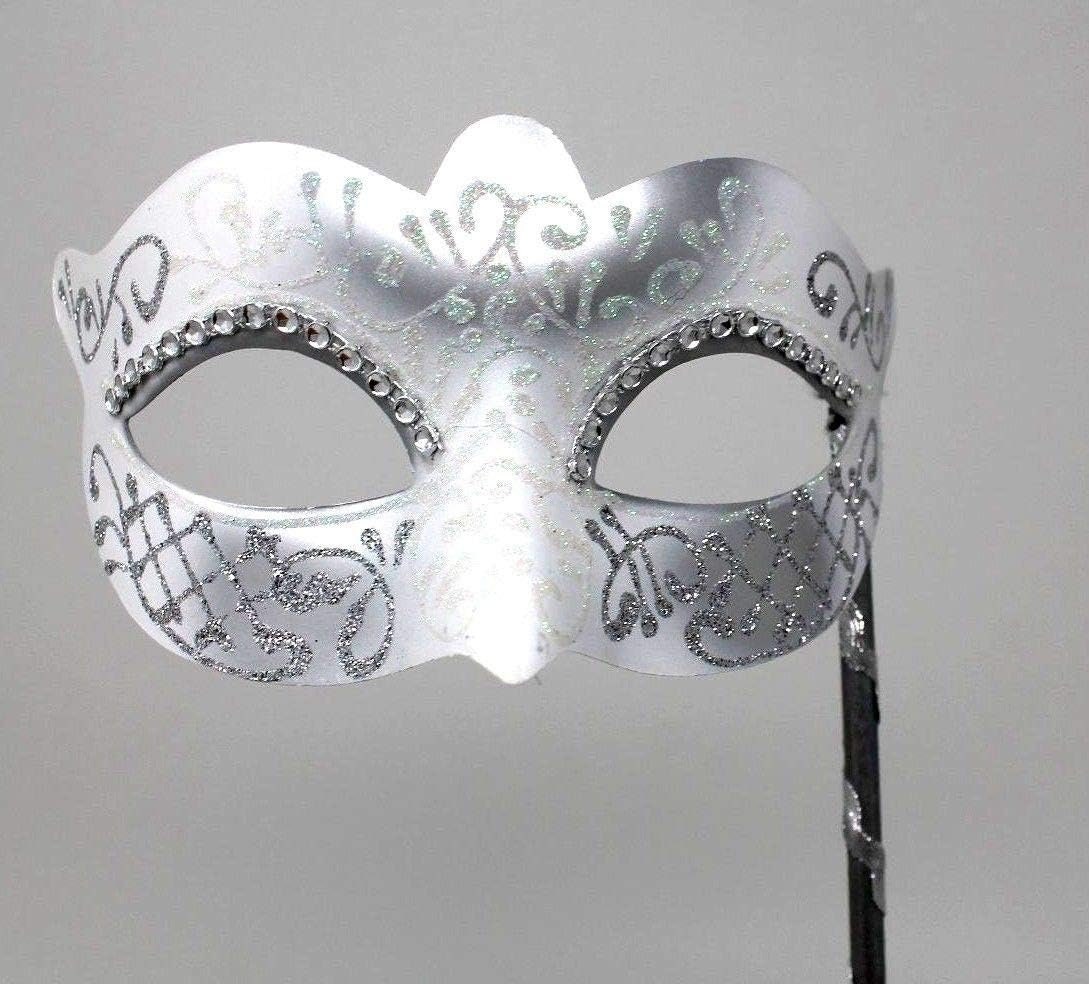 Ladies White and Silver Masquerade Party Carnival Ball Mask Hand Held on a Wooden Stick
