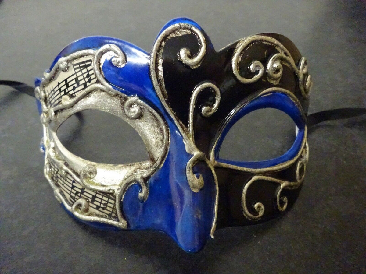 Blue Silver and Black Musical Venetian Masquerade Mask for Masked Ball with Musical Notes Script