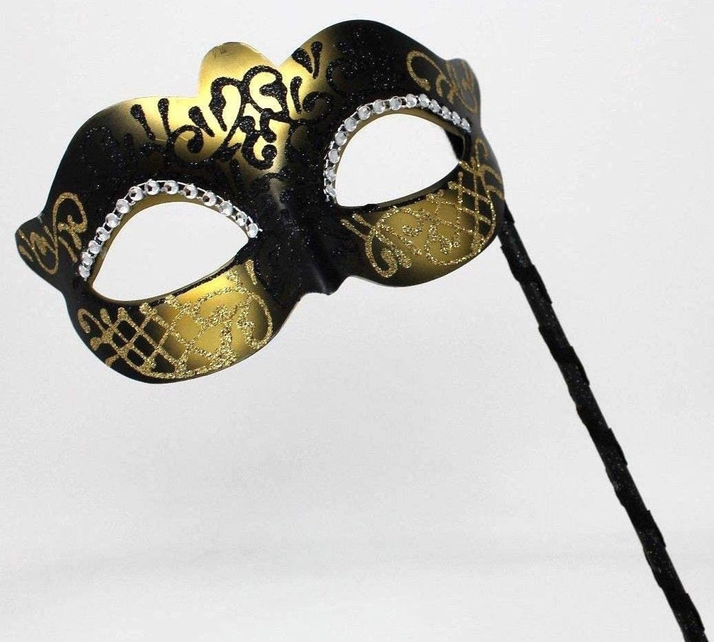Hand Held Ladies Jewelled Glittering Black and Gold Masquerade Prom Party Ball Carnival Mask on a Stick