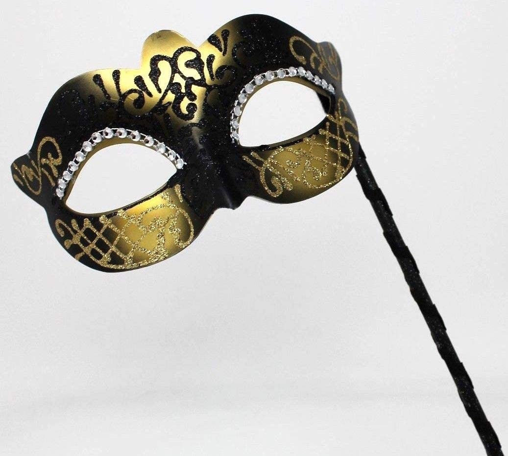 Hand Held Ladies Jewelled Glittering Black and Gold Masquerade Prom Party Ball Carnival Mask on a Stick